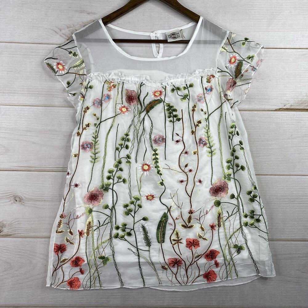 Vintage ROD'S Womens Top M White Embroidered Sheer Lace Ruffle Boho Coquette